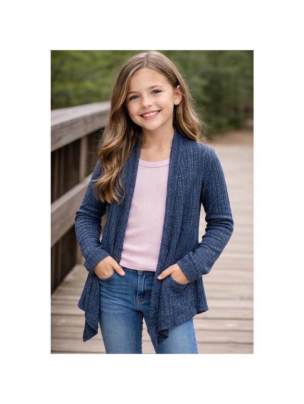 Justice Girls Navy Blue Ribbed Open Cardigan